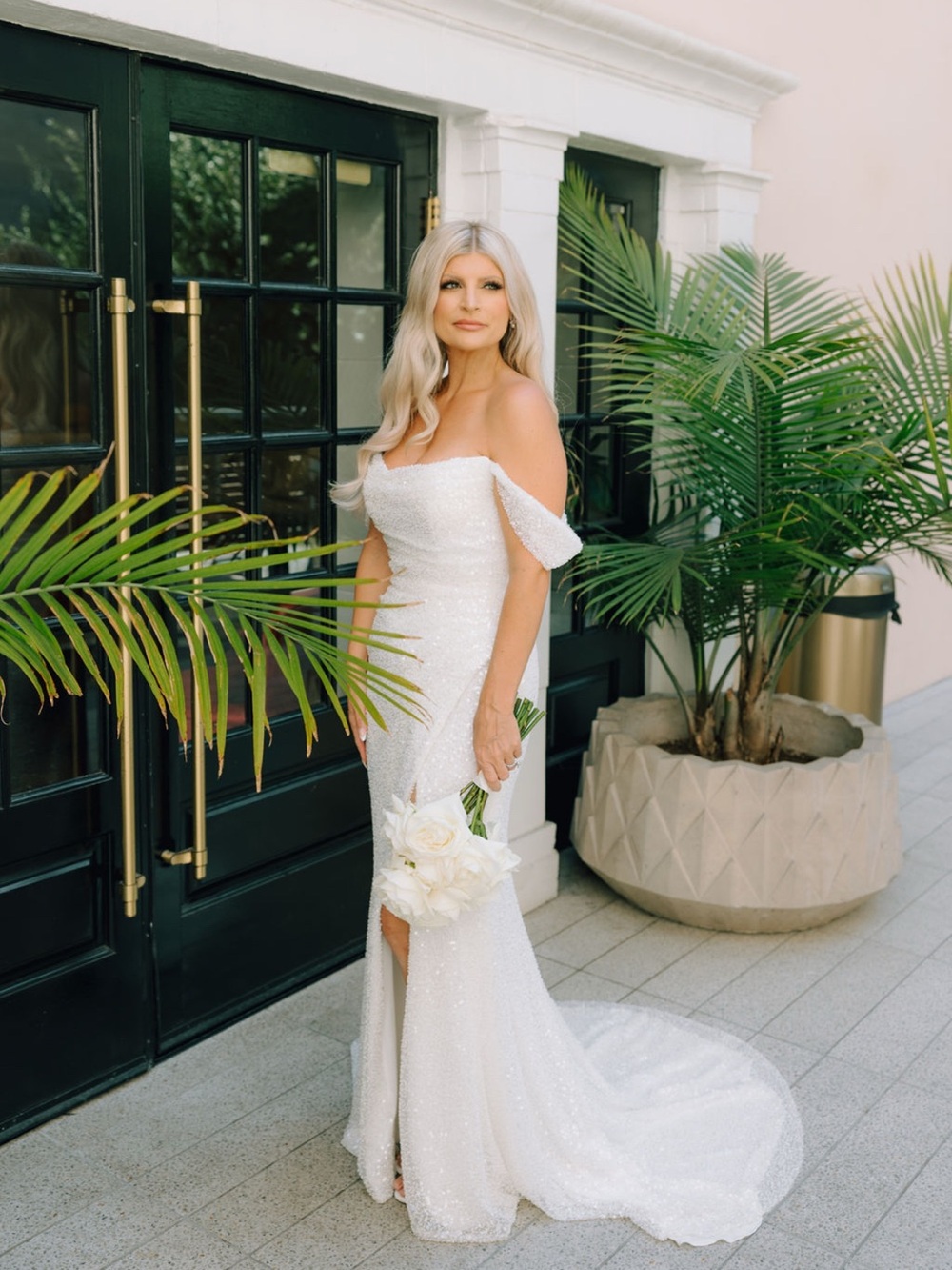 Off-Shoulder White Sequin Wedding Gown